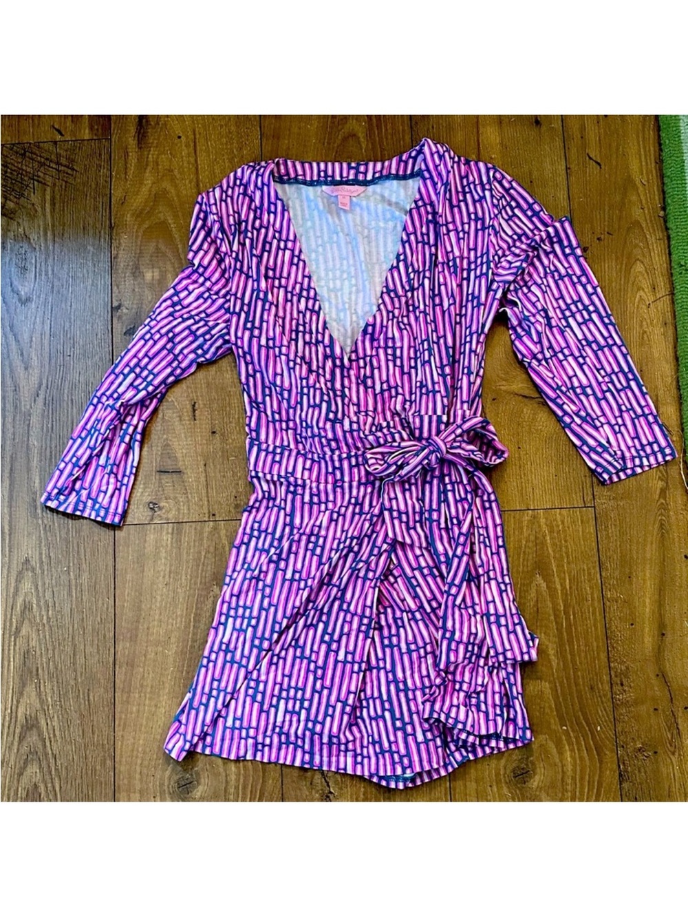 Lilly Pulitzer Pink and Blue Printed Wrap Romper with Tie